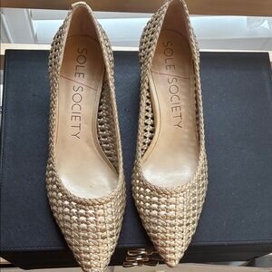 Sole Society Metallic Woven Pointed-Toe Heels in Gold